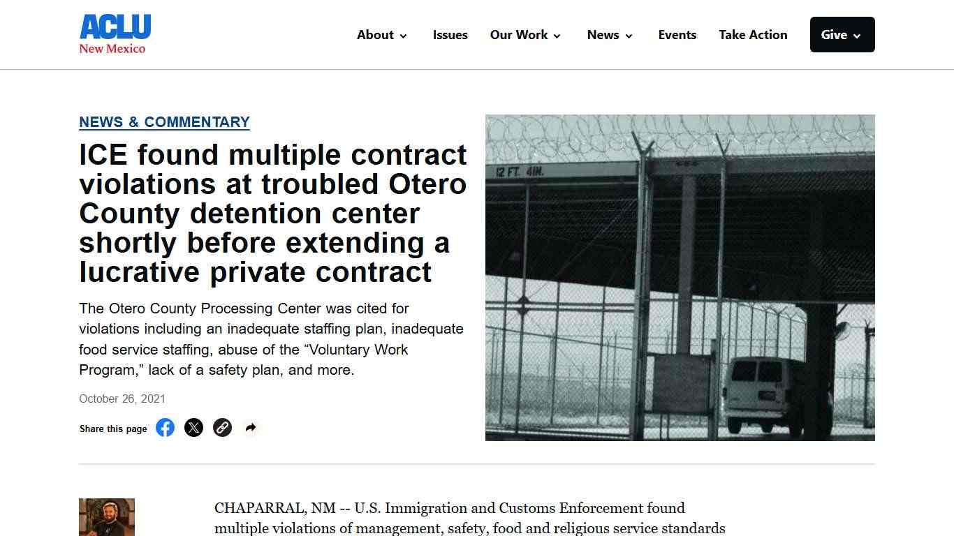 ICE found multiple contract violations at troubled Otero County detention center shortly before extending a lucrative private contract - ACLU of New Mexico